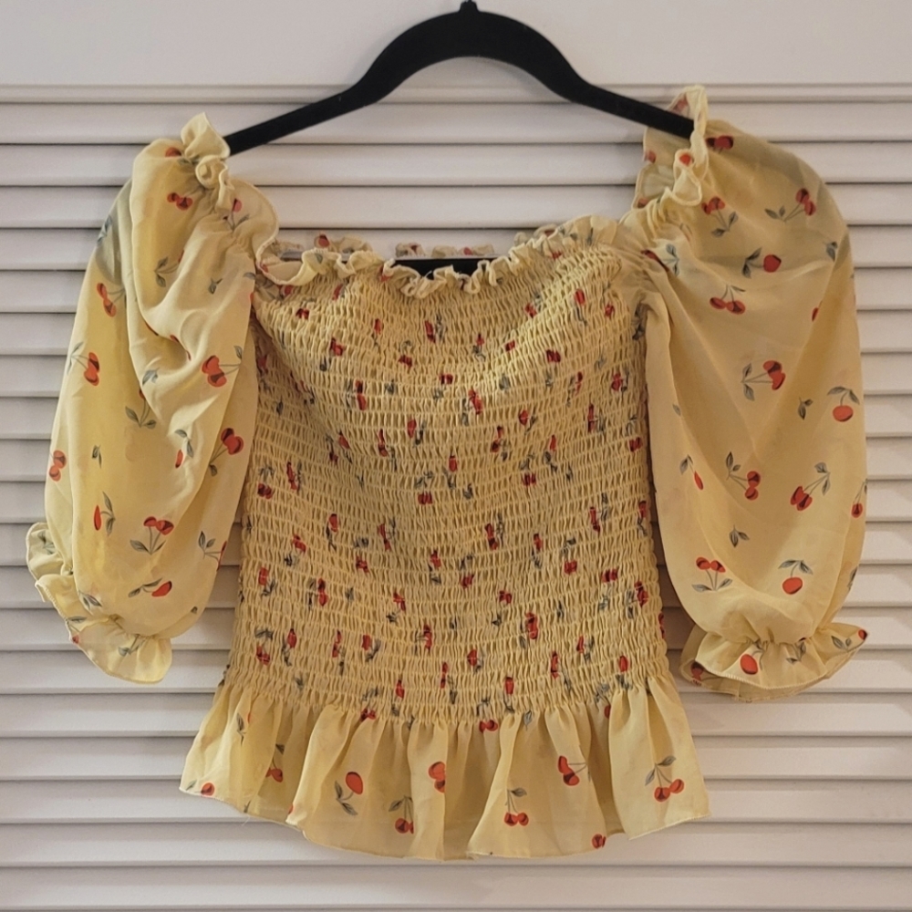 Yellow Cherry Ruched Ruffle Off-Shoulder Pirate Sleeve Top